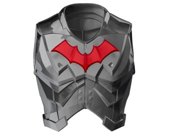 May include: A gray and silver armored chest piece with a red bat symbol in the center.