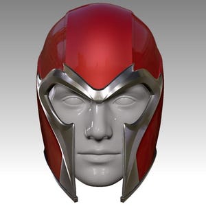 May include: A red and silver helmet, possibly for cosplay, is shown on a mannequin head. The helmet has a shiny red surface with silver detailing around the face, featuring a unique design.