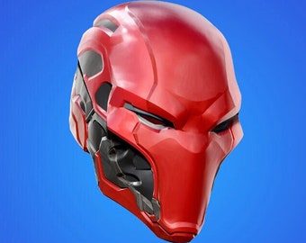 May include: A red and black helmet with a futuristic design. The helmet has a visor and a pointed chin guard.