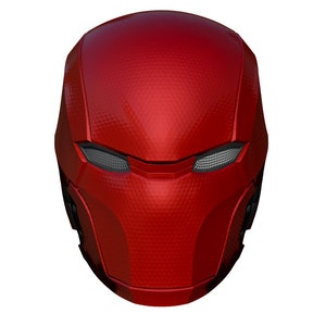 May include: A red helmet with a textured surface and two black eye holes. The helmet has a sleek, futuristic design.