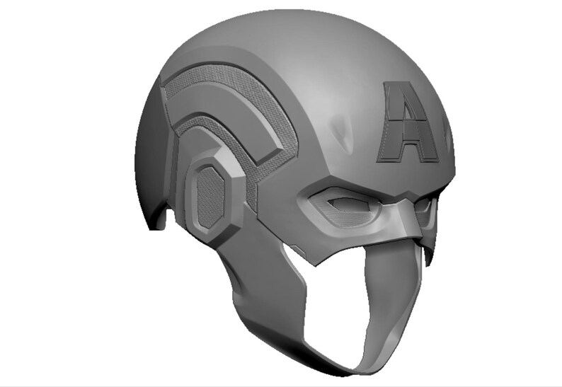 Op de afbeelding: Een grijze Captain America helm, 3D-geprint. De helm heeft de letter "A" op het voorhoofd, getextureerde zijpanelen en een kinband. Het ontwerp is een gedetailleerde replica van de iconische superheldenhelm.