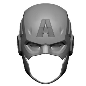 May include: A gray, 3D-printed Captain America helmet. The helmet features the letter "A" on the forehead and eye openings. The design is a stylized representation of the character's iconic headgear.