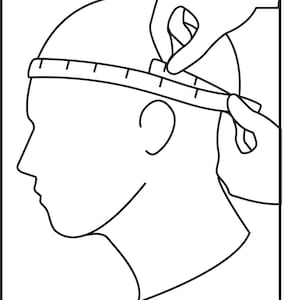 May include: A black and white line drawing of a person's head with a measuring tape around their head. The text "Circumference (mm)" is below the image.