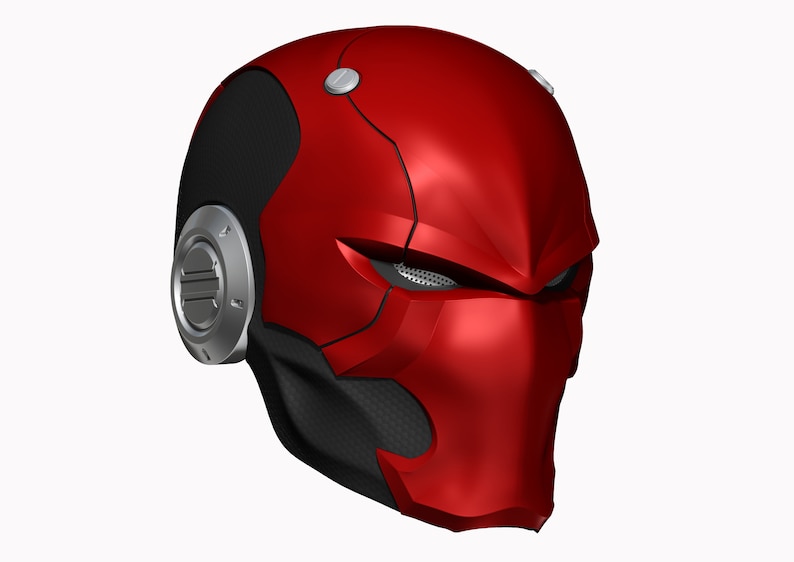 May include: A red and black helmet with a futuristic design. The helmet has a visor and a black and gray pattern on the side.