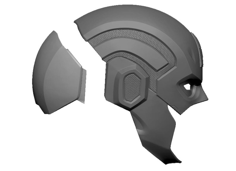 Op de afbeelding: Een grijze, gesegmenteerde helm, mogelijk voor cosplay of een kostuum. De helm bestaat uit meerdere delen, met gedetailleerde panelen en texturen. Het ontwerp suggereert een futuristisch of superhelden thema.