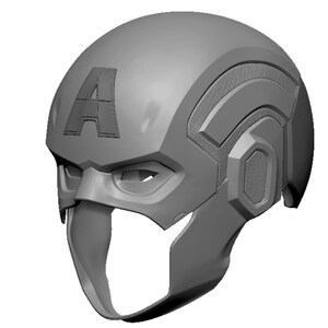 May include: A gray, unpainted Captain America helmet with the letter "A" prominently displayed on the forehead. The helmet features detailed design elements, including eye openings and a chin guard, and is set against a white background.