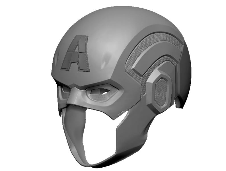 May include: A gray, unpainted Captain America helmet with the letter "A" prominently displayed on the forehead. The helmet features detailed design elements, including eye openings and a chin guard, and is set against a white background.