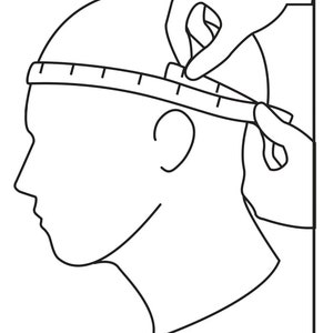 May include: A black and white line drawing illustration of a person's head with a measuring tape around it. The text "Circumference (mm)" is below the image.