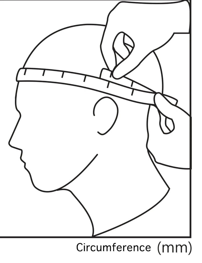 May include: A black and white line drawing illustration of a person's head with a measuring tape around it. The text "Circumference (mm)" is below the image.