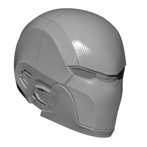 May include: A gray, futuristic helmet with a visor and a textured surface. The helmet has a design that resembles a face mask.