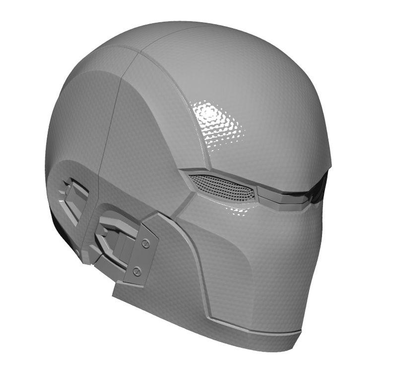 May include: A gray, futuristic helmet with a visor and a textured surface. The helmet has a design that resembles a face mask.
