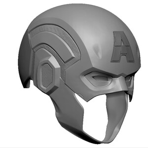 May include: A gray, 3D-printed Captain America helmet. The helmet features the letter "A" on the forehead, textured panels, and a chin strap. The design is a detailed replica of the iconic superhero helmet.