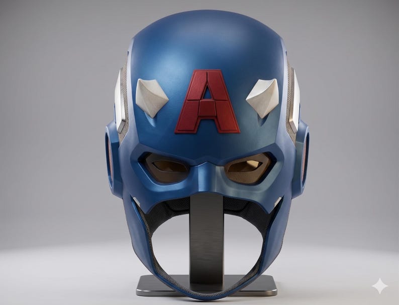 May include: A blue Captain America helmet with a red "A" emblem. The helmet features white accents and a visor. It is displayed on a black stand against a gray background. The helmet is a replica of the one worn by the superhero.