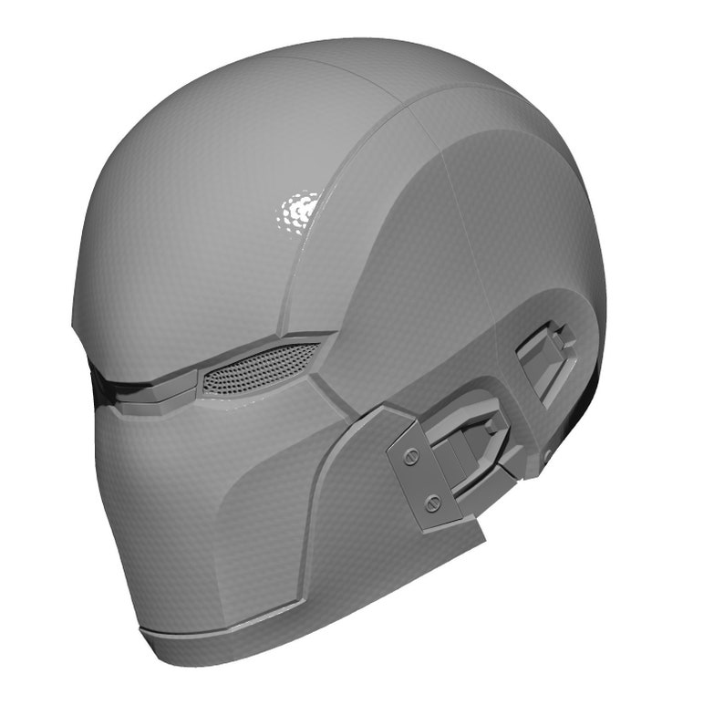 May include: A gray, futuristic helmet with a visor and intricate details. The helmet has a textured surface and a sleek, modern design.