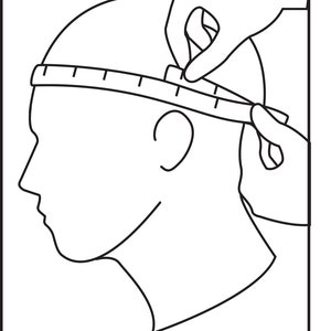 May include: A black and white line drawing of a person's head with a measuring tape around it. The text "Circumference (mm)" is below the image.
