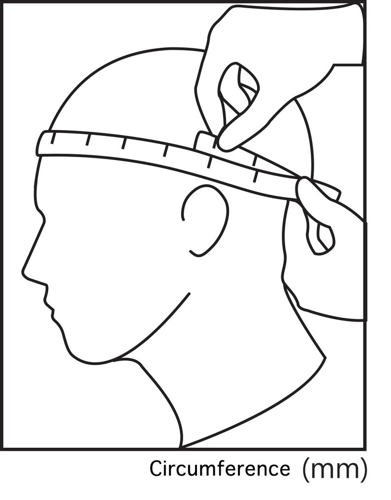 May include: A black and white line drawing of a person's head with a measuring tape around it. The text "Circumference (mm)" is below the image.