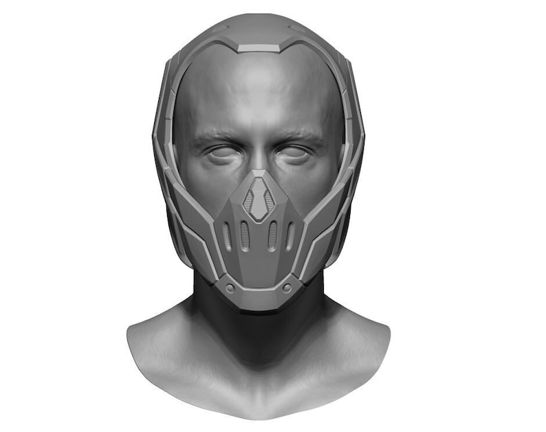 Puede incluir: Un modelo 3D de un casco futurista con un dise&ntilde;o detallado. El casco tiene una visera y una m&aacute;scara facial con un patr&oacute;n geom&eacute;trico.