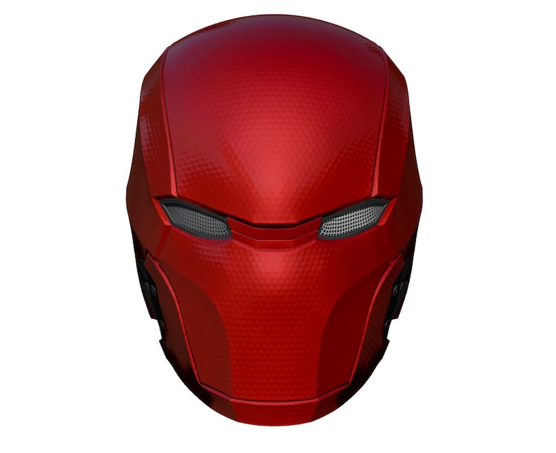 May include: A red helmet with a textured surface and two black eye holes. The helmet has a sleek, futuristic design.