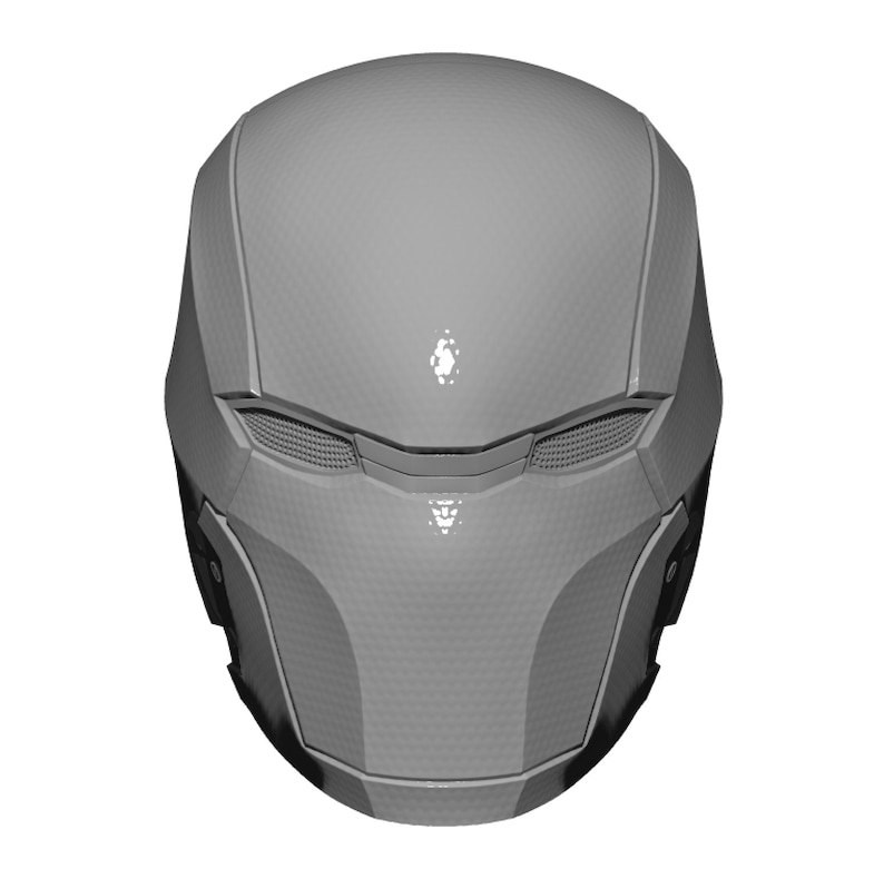 May include: A gray, futuristic helmet with a textured surface and a visor.