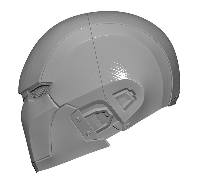 May include: A gray, futuristic helmet with a textured surface and a visor. The helmet has a design that resembles a face mask.