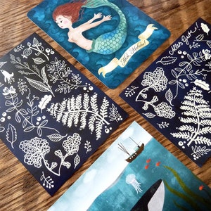 Postcard set blue, 4 pieces, mermaid, whale image 2