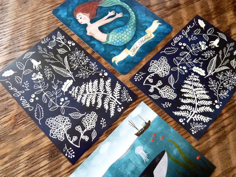 Postcard set blue, 4 pieces, mermaid, whale image 2