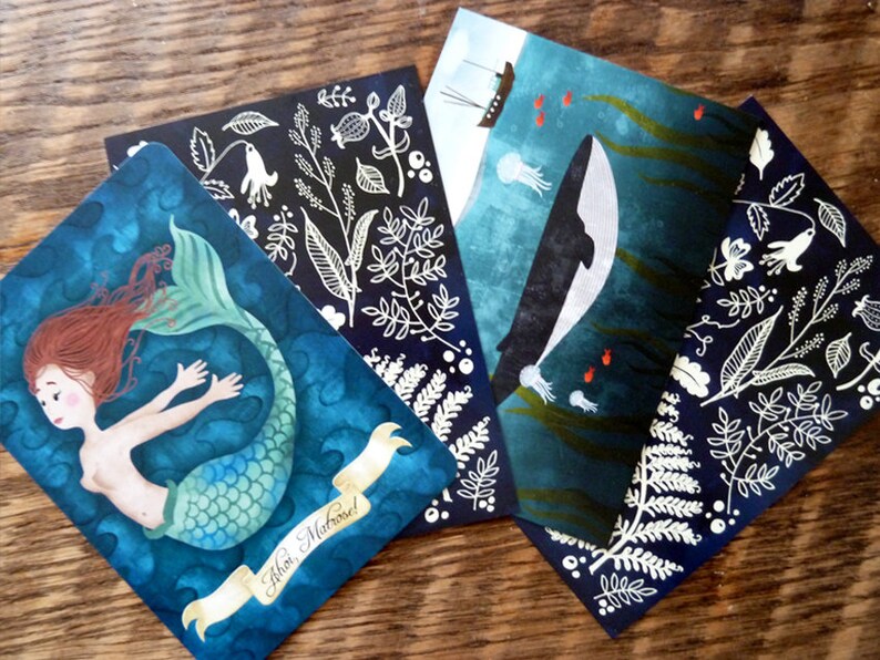 Postcard set blue, 4 pieces, mermaid, whale image 4