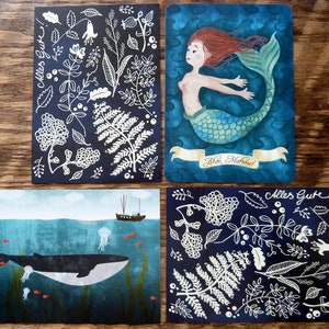 Postcard set blue, 4 pieces, mermaid, whale image 1