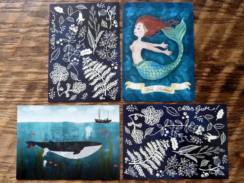 Postcard set blue, 4 pieces, mermaid, whale image 1