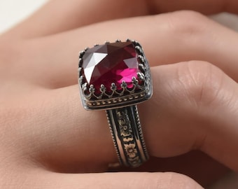 Sterling Silver Square Ruby Ring, Victorian Inspired Statement Ring