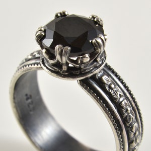 Black Spinel Ring in Sterling Silver, Faceted Black Spinel Gemstone, Vintage Style Statement Ring, Crown Setting Ring Unique Gift For Her