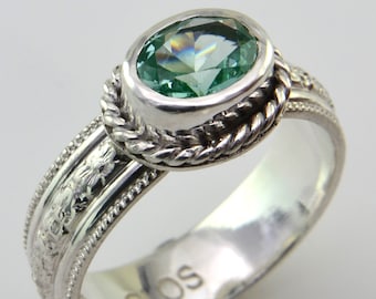 Anello fatto a mano con spinello verde schiuma di mare: fascia floreale in argento sterling