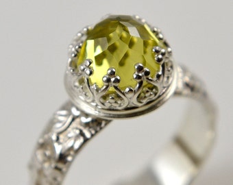 Anello in argento sterling con quarzo limone: fascia floreale fatta a mano, pietra preziosa in oro verde