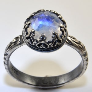 Rainbow Moonstone Ring: Sterling Silver June Birthstone, Renaissance Style