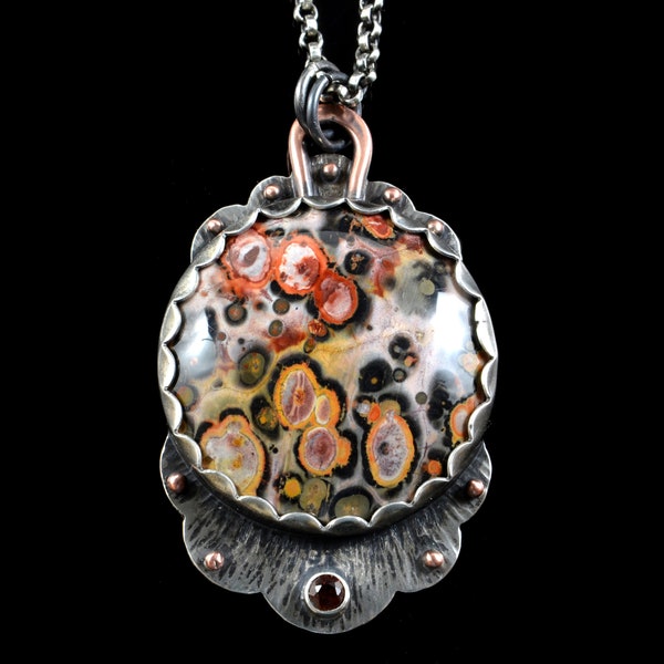 Ocean Jasper and Garnet Pendant in Sterling Silver and Copper, Contemporary Jasper Necklace, Copper Orange Stone, Girlfriend Gift for Her