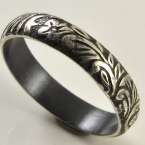 Sterling Silver Band Ring, Matching Wedding Band, Floral and Leaves Patterned Band, Vintage Style Pattern Ring