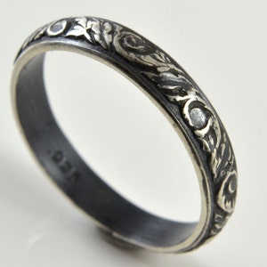 Sterling Silver Band Ring, Matching Wedding Band, Leafy Scroll Patterned Band, Vintage Style Pattern Ring, Handmade Gift, Stacking Ring
