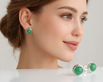 Luminous Chrysoprase Stud Earring, 8mm Faceted Green Gemstone in Sterling Silver