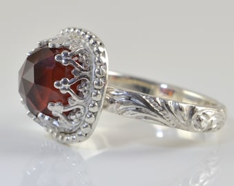 Garnet Ring in Sterling Silver, Faceted Hessonite Garnet Cushion Gemstone, January Birthstone, Solitaire Statement Cocktail Ring