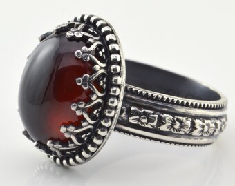 Anello in granato fatto a mano: fascia floreale in argento sterling, stile vintage
