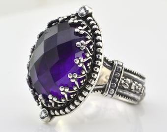 Anello di ametista in argento sterling, pietra preziosa di ametista africana ovale sfaccettata, pietra portafortuna di febbraio, romantico regalo di anniversario fatto a mano per lei