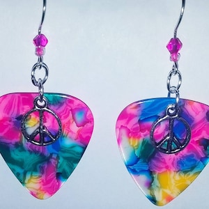 Rainbow Tie Dye Psychedelic Guitar Pick Earrings W/ Peace Sign Charms & Beads