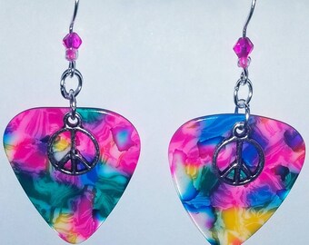 Rainbow Tie Dye Psychedelic Guitar Pick Earrings W/ Peace Sign Charms & Beads