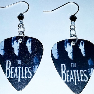 The Beatles &quot;Meet The Beatles&quot; Rock Band Guitar Pick Earrings W/ Black & White Beads
