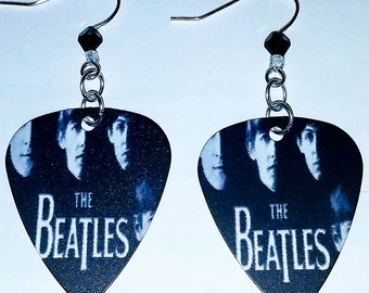 The Beatles "Meet The Beatles" Rock Band Guitar Pick Earrings W/ Black & White Beads