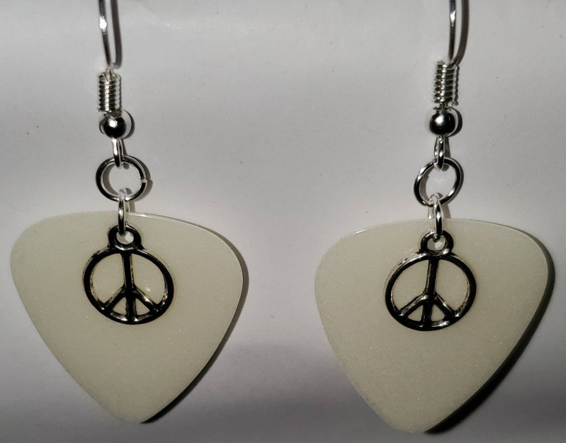 Green Glow In The Dark Guitar Pick Earrings W Peace Sign Charms