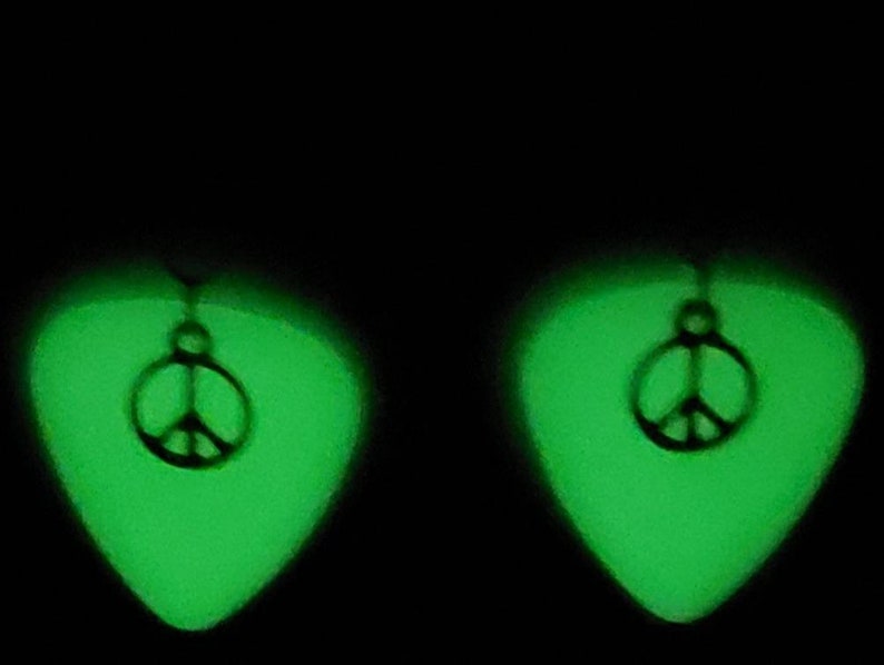 Green Glow In The Dark Guitar Pick Earrings W Peace Sign Charms
