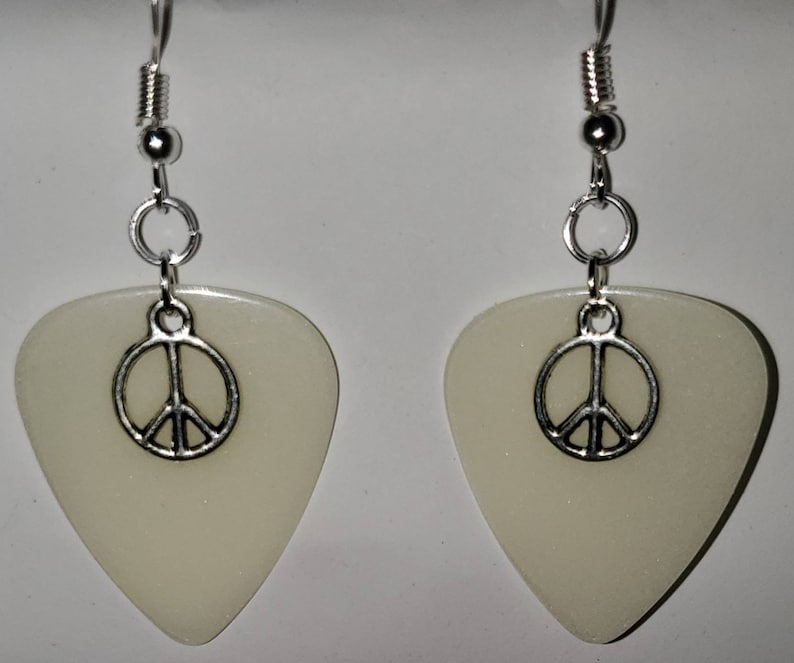 Green Glow In The Dark Guitar Pick Earrings W Peace Sign Charms