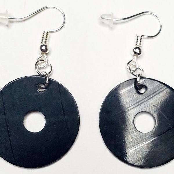 Black Mini Vinyl Record Earrings - Made From Real Vinyl Record Albums