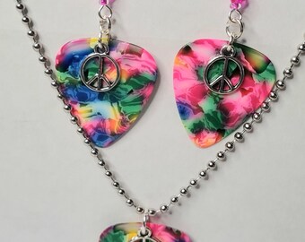Tie Dye Rainbow Psychedelic Peace Sign Charm Guitar Pick Earrings & Silver Plated Ball Chain Pendant Necklace Set